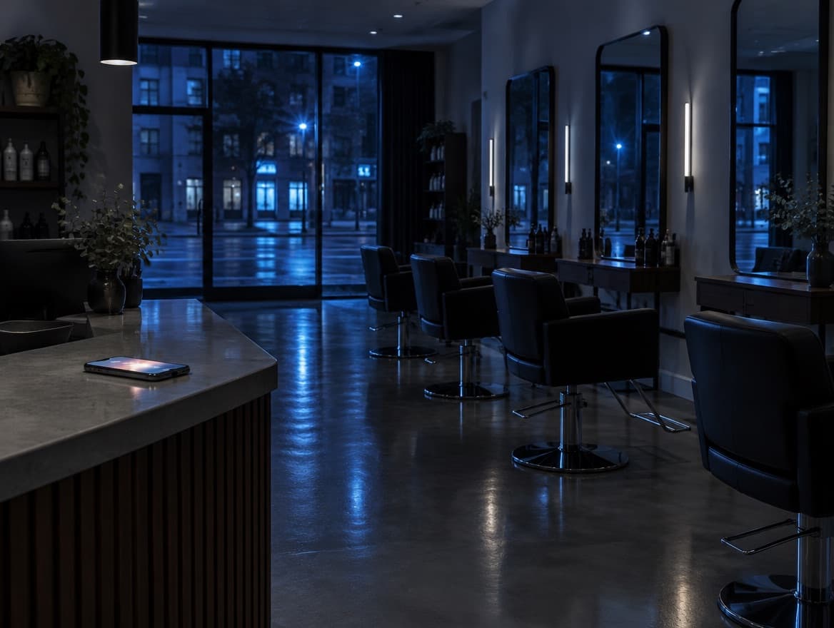 An empty salon at night with a phone glowing on the reception desk